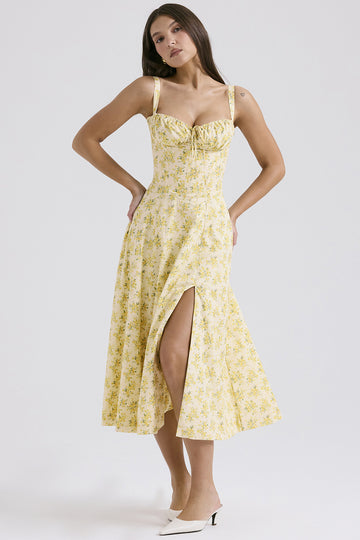 Woochic robe cocktail imprimée trapèze à bretelles fendue cintrée jaune S